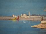 painting of a view of a river with people and buildings in the background