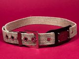a close up of a belt on a red surface