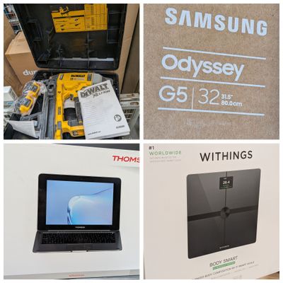 quatre photos différentes d'un ordinateur portable et d'autres appareils électroniques