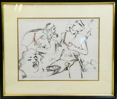 framed drawing of a group of people in various poses