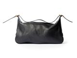 a black leather bag with two handles on a white background