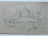 dessin au crayon représentant un paysage avec un château et un bateau