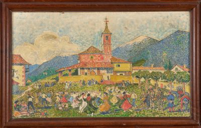 an image of a painting of a village with a church in the background
