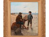 une peinture à l'huile représentant deux hommes sur la plage avec un bateau