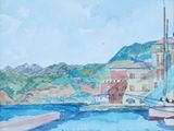 une aquarelle représentant un bateau dans un port
