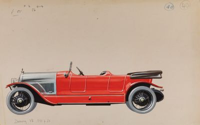 dessin d'une voiture rouge avec un capot noir et un toit noir