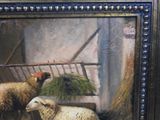 a painting of two sheep eating grass in a barn