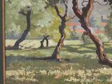 an oil painting of trees in a field with a house in the background