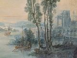 a painting on the wall of a room with a view of a river