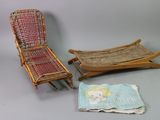 dolls house miniature furniture including a rocking chair and a doll ' s foot rest
