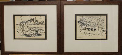 two framed pictures on the wall of a room