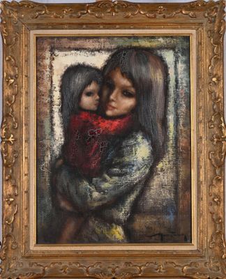 an oil painting of a woman holding a child in her arms