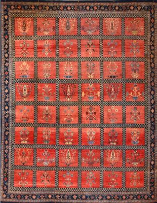 a red and blue rug with a pattern on it