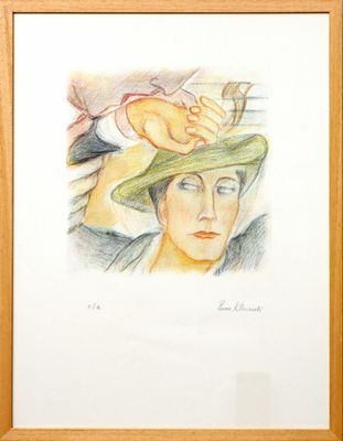 tableau représentant une femme coiffée d'un chapeau, avec un oiseau sur la tête