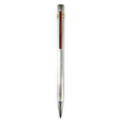 a close up of a pen with a wooden handle on a white background