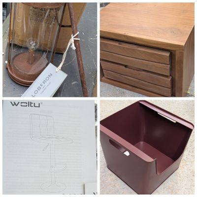 plusieurs photos différentes d'une commode en bois et d'un verre à vin