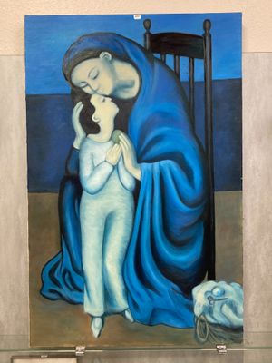 un tableau représentant une femme tenant un bébé dans ses bras, assise sur une chaise