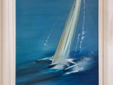 an oil painting of a sailboat sailing in the ocean