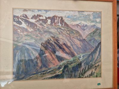 a picture of a painting of mountains in a frame