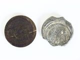 an image of a coin and a rock on a white surface