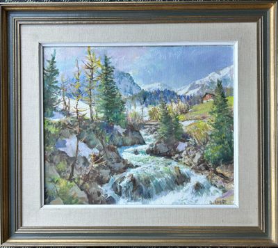 un tableau représentant un ruisseau de montagne qui traverse une forêt peuplée d'arbres
