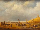 une peinture à l'huile représentant une scène de plage avec des gens sur le sable