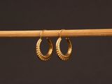 une paire de boucles d'oreilles créoles en or suspendues à un bâton en bois