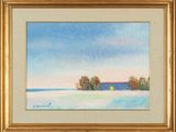 un tableau représentant une ferme en hiver, avec une grange au loin