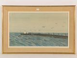 painting of a ship in the ocean with birds flying over it