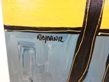 une peinture représentant un sac jaune et bleu muni d'une poignée noire