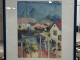 framed painting of a view of a village with a mountain in the background