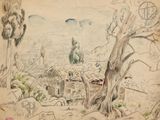 dessin représentant une maison dans un cadre boisé, avec des arbres et une montagne en arrière-plan