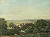 painting of a view of a village with a horse grazing in the foreground