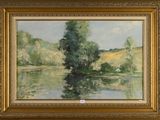 an oil painting of a river scene with a tree in the foreground
