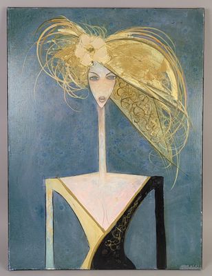an image of a painting of a woman wearing a hat
