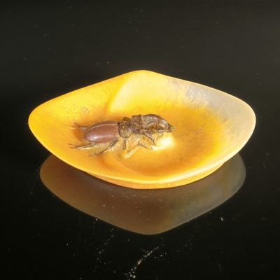 a small insect that is sitting in a yellow bowl