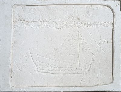 a picture of a picture of a boat on a wall