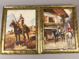 two framed paintings of men on horseback in front of a building