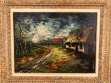 an oil painting of a farm scene with a red barn in the distance