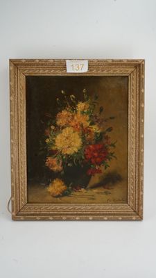 painting of a vase of flowers on a table next to a white wall