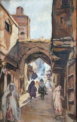 painting of a street scene with people walking through an archway