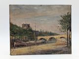 une peinture à l'huile représentant un pont sur une rivière avec un château à l'arrière-plan