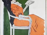 a picture of a woman sitting in a chair reading a book