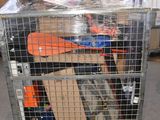 a metal cage with a bunch of items inside of it