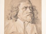 an old drawing of a man with long hair and a beard