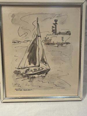 dessin représentant un voilier sur l'eau, avec un phare en arrière-plan