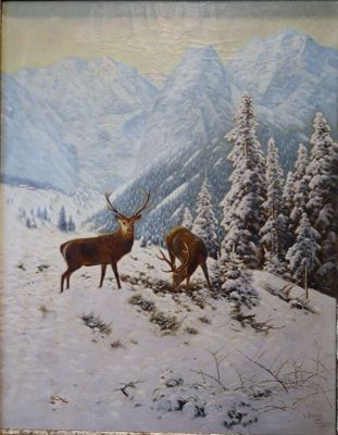 Ludwig SKELL (1842-1905) Cerfs Huile sur toile