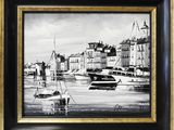 black and white painting of boats in a harbor with buildings in the background