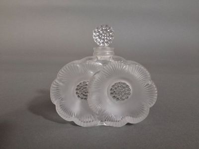une bouteille en verre surmontée d'une fleur