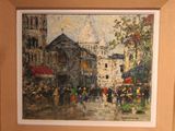 a painting of a city street scene with people walking